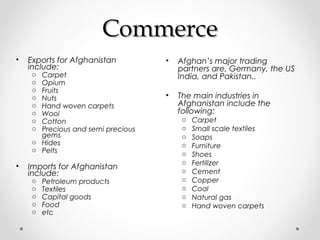 CCoommmmeerrccee 
• Afghan’s major trading 
partners are, Germany, the US 
India, and Pakistan.. 
• The main industries in 
Afghanistan include the 
following: 
o Carpet 
o Small scale textiles 
o Soaps 
o Furniture 
o Shoes 
o Fertilizer 
o Cement 
o Copper 
o Coal 
o Natural gas 
o Hand woven carpets 
• Exports for Afghanistan 
include: 
o Carpet 
o Opium 
o Fruits 
o Nuts 
o Hand woven carpets 
o Wool 
o Cotton 
o Precious and semi precious 
gems 
o Hides 
o Pelts 
• Imports for Afghanistan 
include: 
o Petroleum products 
o Textiles 
o Capital goods 
o Food 
o etc 
 