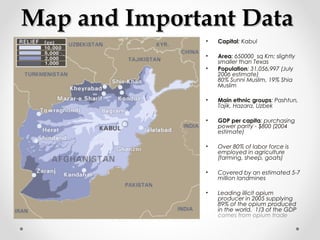 MMaapp aanndd IImmppoorrttaanntt DDaattaa 
• Capital: Kabul 
• Area: 650000 sq Km; slightly 
smaller than Texas 
• Population: 31,056,997 (July 
2006 estimate) 
80% Sunni Muslim, 19% Shia 
Muslim 
• Main ethnic groups: Pashtun, 
Tajik, Hazara, Uzbek 
• GDP per capita: purchasing 
power parity - $800 (2004 
estimate) 
• Over 80% of labor force is 
employed in agriculture 
(farming, sheep, goats) 
• Covered by an estimated 5-7 
million landmines 
• Leading illicit opium 
producer in 2005 supplying 
89% of the opium produced 
in the world. 1/3 of the GDP 
comes from opium trade 
 