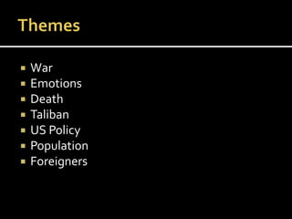  War
 Emotions
 Death
 Taliban
 US Policy
 Population
 Foreigners
 