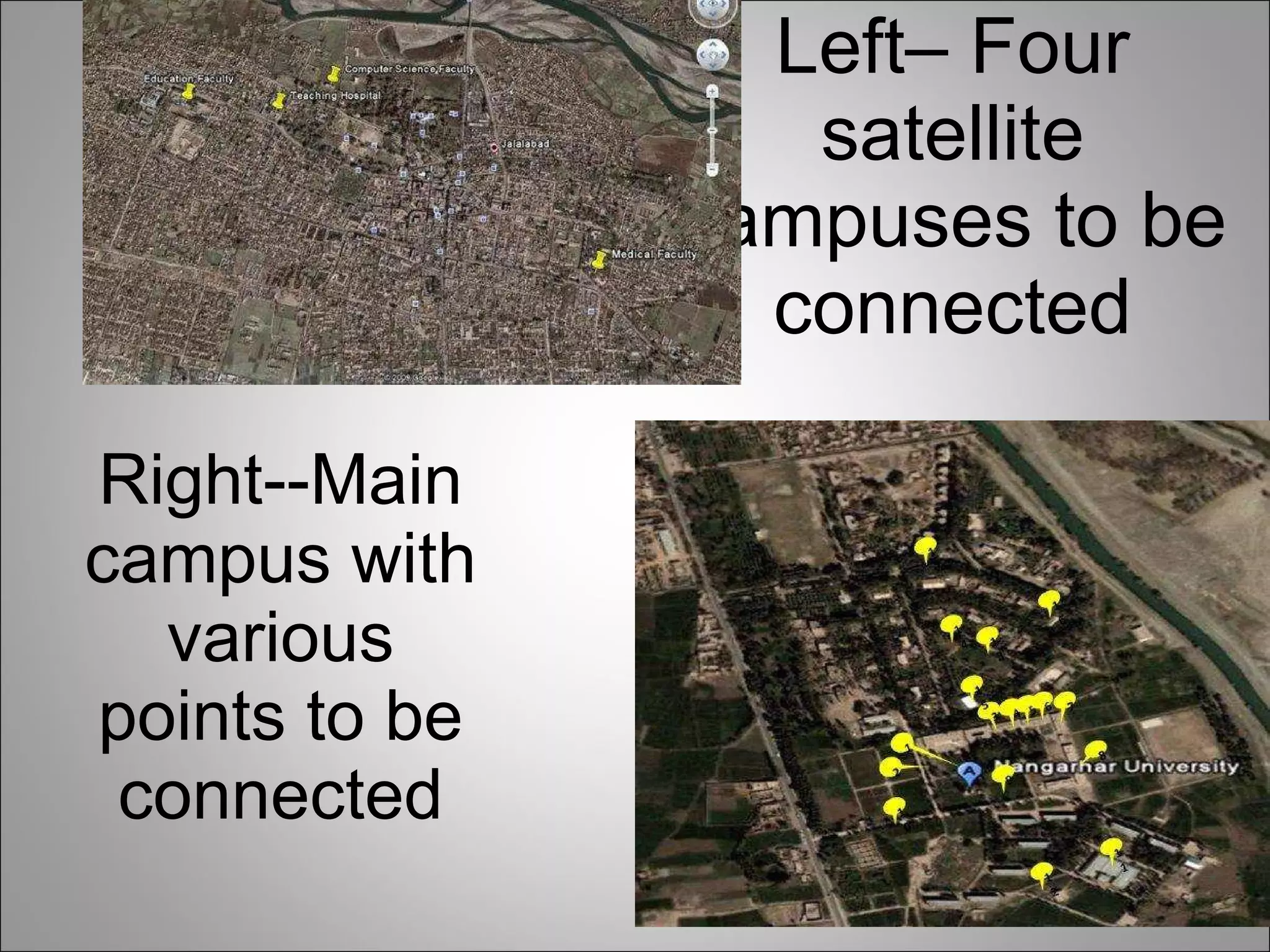 Left– Four satellite campuses to be connected Right--Main campus with various points to be connected 