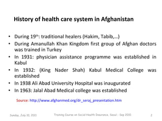 History of health care system in Afghanistan <ul><li>During 19 th : traditional healers (Hakim, Tabib,…) </li></ul><ul><li...