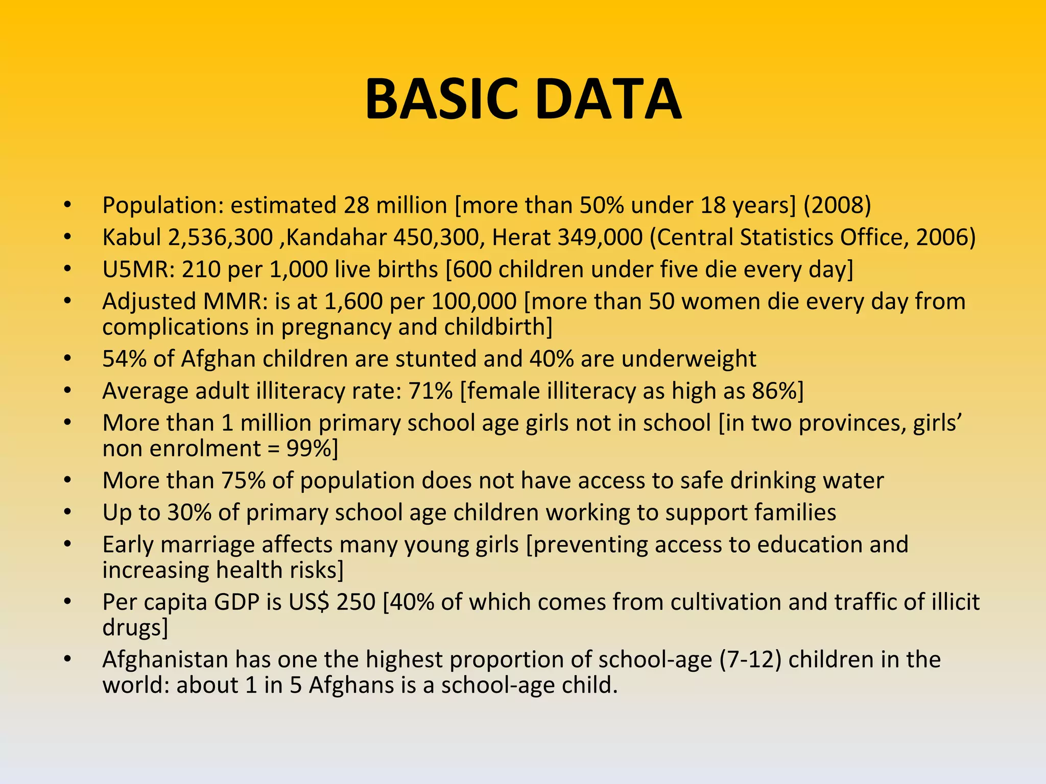 BASIC DATA Population: estimated 28 million [more than 50% under 18 years] (2008) Kabul 2,536,300 ,Kandahar 450,300, Herat 349,000 (Central Statistics Office, 2006) U5MR: 210 per 1,000 live births [600 children under five die every day] Adjusted MMR: is at 1,600 per 100,000 [more than 50 women die every day from complications in pregnancy and childbirth] 54% of Afghan children are stunted and 40% are underweight Average adult illiteracy rate: 71% [female illiteracy as high as 86%] More than 1 million primary school age girls not in school [in two provinces, girls’ non enrolment = 99%] More than 75% of population does not have access to safe drinking water Up to 30% of primary school age children working to support families Early marriage affects many young girls [preventing access to education and increasing health risks] Per capita GDP is US$ 250 [40% of which comes from cultivation and traffic of illicit drugs] Afghanistan has one the highest proportion of school-age (7-12) children in the world: about 1 in 5 Afghans is a school-age child. 