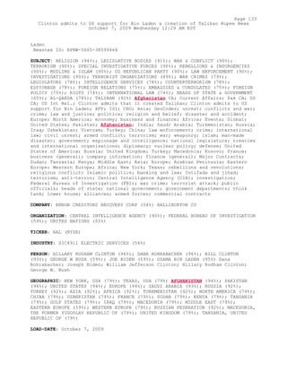 Laden
Newstex ID: RPNW-5065-38599464
SUBJECT: RELIGION (94%); LEGISLATIVE BODIES (91%); WAR & CONFLICT (90%);
TERRORISM (90%); SPECIAL INVESTIGATIVE FORCES (90%); REBELLIONS & INSURGENCIES
(90%); MUSLIMS & ISLAM (90%); US REPUBLICAN PARTY (90%); LAW ENFORCEMENT (90%);
INVESTIGATIONS (90%); TERRORIST ORGANIZATIONS (89%); WAR CRIMES (79%);
LEGISLATORS (78%); INTELLIGENCE SERVICES (78%); COUNTERTERRORISM (78%);
ESPIONAGE (78%); FOREIGN RELATIONS (75%); EMBASSIES & CONSULATES (75%); FOREIGN
POLICY (75%); RIOTS (74%); INTERNATIONAL LAW (74%); HEADS OF STATE & GOVERNMENT
(65%); AL-QAEDA (78%); TALIBAN (92%) Afghanistan CA; Current Affairs; Pak CA; US
CA; US Int Rel.; Clinton admits that it created Taliban; Clinton admits to US
support for Bin Laden; AFP; ISI; CRG; Asia; GeoCodes; unrest; conflicts and war;
crime; law and justice; politics; religion and belief; disaster and accident;
Europe; North America; economy; business and finance; Africa; Events; Global;
United States; Pakistan; Afghanistan; India; Saudi Arabia; Turkmenistan; Russia;
Iraq; Uzbekistan; Vietnam; Turkey; China; law enforcement; crime; international
law; civil unrest; armed conflict; terrorism; war; weaponry; islam; man-made
disaster; government; espionage and intelligence; national legislature; treaties
and international organisations; diplomacy; nuclear policy; defense; United
States of America; Russia; United Kingdom; Turkey; Macedonia; Kosovo; France;
business (general); company information; finance (general); Major Contracts;
Sudan; Tanzania; Kenya; Middle East; Asia; Europe; Arabian Peninsula; Eastern
Europe; Western Europe; Africa; New York; Texas; rebellions and revolutions;
religious conflict; Islamic politics; banking and law; Intifada and jihad;
terrorism; anti-terror; Central Intelligence Agency (CIA); investigation;
Federal Bureau of Investigation (FBI); war crime; terrorist attack; public
officials; heads of state; national government; government departments; think
tank; lower house; alliances; armed forces; commercial contracts
COMPANY: ENRON CREDITORS RECOVERY CORP (54%) HALLIBURTON CO
ORGANIZATION: CENTRAL INTELLIGENCE AGENCY (90%); FEDERAL BUREAU OF INVESTIGATION
(59%); UNITED NATIONS (55%)
TICKER: HAL (NYSE)
INDUSTRY: SIC4911 ELECTRIC SERVICES (54%)
PERSON: HILLARY RODHAM CLINTON (96%); DANA ROHRABACHER (96%); BILL CLINTON
(93%); GEORGE W BUSH (59%); JOE BIDEN (59%); OSAMA BIN LADEN (95%) Dana
Rohrabacher; Joseph Biden; William Jefferson Clinton; Hillary Rodham Clinton;
George W. Bush
GEOGRAPHIC: NEW YORK, USA (79%); TEXAS, USA (79%) AFGHANISTAN (94%); PAKISTAN
(94%); UNITED STATES (94%); EUROPE (94%); SAUDI ARABIA (93%); RUSSIA (92%);
TURKEY (92%); ASIA (92%); AFRICA (92%); TURKMENISTAN (92%); NORTH AMERICA (79%);
CHINA (79%); UZBEKISTAN (79%); FRANCE (79%); SUDAN (79%); KENYA (79%); TANZANIA
(79%); GULF STATES (79%); IRAQ (79%); MACEDONIA (79%); MIDDLE EAST (79%);
EASTERN EUROPE (59%); WESTERN EUROPE (79%); RUSSIAN FEDERATION (92%); MACEDONIA,
THE FORMER YUGOSLAV REPUBLIC OF (79%); UNITED KINGDOM (79%); TANZANIA, UNITED
REPUBLIC OF (79%)
LOAD-DATE: October 7, 2009
Page 133
Clinton admits to US support for Bin Laden & creation of Taliban Rupee News
October 7, 2009 Wednesday 12:29 AM EST
 