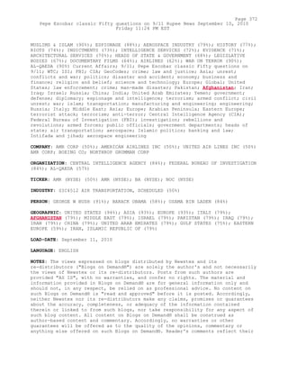 MUSLIMS & ISLAM (90%); ESPIONAGE (88%); AEROSPACE INDUSTRY (79%); HISTORY (77%);
RIOTS (74%); INDICTMENTS (73%); INTELLIGENCE SERVICES (72%); EVIDENCE (71%);
ARCHITECTURAL SERVICES (70%); HEADS OF STATE & GOVERNMENT (68%); LEGISLATIVE
BODIES (67%); DOCUMENTARY FILMS (64%); AIRLINES (62%); WAR ON TERROR (90%);
AL-QAEDA (90%) Current Affairs; 9/11; Pepe Escobar classic Fifty questions on
9/11; WTC; ISI; FBI; CIA; GeoCodes; crime; law and justice; Asia; unrest;
conflicts and war; politics; disaster and accident; economy; business and
finance; religion and belief; science and technology; Europe; Global; United
States; law enforcement; crime; man-made disaster; Pakistan; Afghanistan; Iran;
Iraq; Israel; Russia; China; India; United Arab Emirates; Yemen; government;
defense; diplomacy; espionage and intelligence; terrorism; armed conflict; civil
unrest; war; islam; transportation; manufacturing and engineering; engineering;
Russia; Italy; Middle East; Asia; Europe; Arabian Peninsula; Eastern Europe;
terrorist attack; terrorism; anti-terror; Central Intelligence Agency (CIA);
Federal Bureau of Investigation (FBI); investigation; rebellions and
revolutions; armed forces; public officials; government departments; heads of
state; air transportation; aerospace; Islamic politics; banking and law;
Intifada and jihad; aerospace engineering
COMPANY: AMR CORP (50%); AMERICAN AIRLINES INC (50%); UNITED AIR LINES INC (50%)
AMR CORP; BOEING CO; NORTHROP GRUMMAN CORP
ORGANIZATION: CENTRAL INTELLIGENCE AGENCY (84%); FEDERAL BUREAU OF INVESTIGATION
(84%); AL-QAEDA (57%)
TICKER: AMR (NYSE) (50%) AMR (NYSE); BA (NYSE); NOC (NYSE)
INDUSTRY: SIC4512 AIR TRANSPORTATION, SCHEDULED (50%)
PERSON: GEORGE W BUSH (91%); BARACK OBAMA (58%); OSAMA BIN LADEN (84%)
GEOGRAPHIC: UNITED STATES (94%); ASIA (93%); EUROPE (93%); ITALY (79%);
AFGHANISTAN (79%); MIDDLE EAST (79%); ISRAEL (79%); PAKISTAN (79%); IRAQ (79%);
IRAN (79%); CHINA (79%); UNITED ARAB EMIRATES (79%); GULF STATES (75%); EASTERN
EUROPE (59%); IRAN, ISLAMIC REPUBLIC OF (79%)
LOAD-DATE: September 11, 2010
LANGUAGE: ENGLISH
NOTES: The views expressed on blogs distributed by Newstex and its
re-distributors ("Blogs on Demand®") are solely the author's and not necessarily
the views of Newstex or its re-distributors. Posts from such authors are
provided "AS IS", with no warranties, and confer no rights. The material and
information provided in Blogs on Demand® are for general information only and
should not, in any respect, be relied on as professional advice. No content on
such Blogs on Demand® is "read and approved" before it is posted. Accordingly,
neither Newstex nor its re-distributors make any claims, promises or guarantees
about the accuracy, completeness, or adequacy of the information contained
therein or linked to from such blogs, nor take responsibility for any aspect of
such blog content. All content on Blogs on Demand® shall be construed as
author-based content and commentary. Accordingly, no warranties or other
guarantees will be offered as to the quality of the opinions, commentary or
anything else offered on such Blogs on Demand®. Reader's comments reflect their
Page 372
Pepe Escobar classic Fifty questions on 9/11 Rupee News September 10, 2010
Friday 11:24 PM EST
 