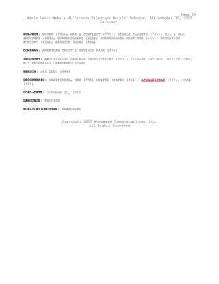 SUBJECT: WOMEN (78%); WAR & CONFLICT (77%); SINGLE PARENTS (72%); OIL & GAS
INDUSTRY (68%); SHAREHOLDERS (66%); SHAREHOLDER MEETINGS (66%); EDUCATION
FUNDING (62%); FASHION SHOWS (55%)
COMPANY: AMERICAN TRUST & SAVINGS BANK (70%)
INDUSTRY: NAICS522120 SAVINGS INSTITUTIONS (70%); SIC6036 SAVINGS INSTITUTIONS,
NOT FEDERALLY CHARTERED (70%)
PERSON: JAY LENO (94%)
GEOGRAPHIC: CALIFORNIA, USA (79%) UNITED STATES (96%); AFGHANISTAN (94%); IRAQ
(66%)
LOAD-DATE: October 30, 2010
LANGUAGE: ENGLISH
PUBLICATION-TYPE: Newspaper
Copyright 2010 Woodward Communications, Inc.
All Rights Reserved
Page 39
Mavis Leno: Make a difference Telegraph Herald (Dubuque, IA) October 30, 2010
Saturday
 