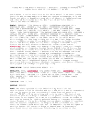 David DeGraw, a regular contributor to The Public Record, is an investigative
journalist who has been featured in many publications and websites. He is the
founder and editor of AmpedStatus.com, editorial director of MediaChannel.org
and author of The Economic Elite Vs. The People of the United States.
Newstex ID: PBRC-5083-46211674
SUBJECT: RELIGION (93%); TERRORISM (90%); INTERNATIONAL RELATIONS (90%);
ENGINEERING (90%); MUSLIMS & ISLAM (90%); INTELLIGENCE SERVICES (90%);
REBELLIONS & INSURGENCIES (90%); ECONOMIC NEWS (90%); ESPIONAGE (89%); ARMED
FORCES (89%); INVESTIGATIONS (89%); BRIBERY (87%); WAR & CONFLICT (78%); WAR
CRIMES (78%); COUNTERTERRORISM (77%); INTERNATIONAL ASSISTANCE (77%); MILITARY &
VETERANS LAW (76%); RIOTS (74%); INORGANIC CHEMICALS (74%); SECURITY GUARD
SERVICES (71%); LAW ENFORCEMENT (69%); INVESTIGATION & SECURITY SERVICES (64%);
POLITICAL CORRUPTION (71%); TALIBAN (89%) Special to The Public Record;
Af-Pak·Africa; CIA; IMF; Iraq; private military; War Crimes; Asia; GeoCodes;
unrest; conflicts and war; Africa; politics; crime; law and justice; economy;
business and finance; North America; Events; religion and belief; Europe;
disaster and accident; science and technology; Global; United States;
Afghanistan; Pakistan; Iraq; Saudi Arabia; China; Russia; Iran; civil unrest;
armed conflict; war; terrorism; Rwanda; Uganda; United States of America; law
enforcement; crime; islam; Financial Performance; Economy; man-made disaster;
Russia; France; economy (general); manufacturing and engineering; chemicals;
company information; defense; treaties and international organisations;
government; espionage and intelligence; foreign aid; diplomacy; engineering;
technology; rebellions and revolutions; Middle East; Africa; Arabian Peninsula;
Asia; Europe; New York; Islamic politics; banking and law; terrorism;
anti-terror; Central Intelligence Agency (CIA); terrorist attack; economic
outlook and indicators; inorganic chemicals; aerospace; armed forces; alliances;
space program and rocketry; aerospace engineering
ORGANIZATION: CENTRAL INTELLIGENCE AGENCY (92%)
GEOGRAPHIC: KABUL, AFGHANISTAN (92%) UNITED STATES (96%); AFGHANISTAN (94%);
IRAQ (92%); AFRICA (92%); EUROPE (92%); ASIA (92%); FRANCE (79%); CHINA (79%);
MIDDLE EAST (79%); PAKISTAN (79%); NORTH AMERICA (79%); UGANDA (79%); IRAN
(79%); RWANDA (79%); GULF STATES (79%); SAUDI ARABIA (79%); IRAN, ISLAMIC
REPUBLIC OF (79%)
LOAD-DATE: June 18, 2010
LANGUAGE: ENGLISH
NOTES: The views expressed on blogs distributed by Newstex and its
re-distributors ("Blogs on Demand®") are solely the author's and not necessarily
the views of Newstex or its re-distributors. Posts from such authors are
provided "AS IS", with no warranties, and confer no rights. The material and
information provided in Blogs on Demand® are for general information only and
should not, in any respect, be relied on as professional advice. No content on
such Blogs on Demand® is "read and approved" before it is posted. Accordingly,
neither Newstex nor its re-distributors make any claims, promises or guarantees
about the accuracy, completeness, or adequacy of the information contained
therein or linked to from such blogs, nor take responsibility for any aspect of
such blog content. All content on Blogs on Demand® shall be construed as
author-based content and commentary. Accordingly, no warranties or other
Page 390
Global War Racket Exposed: Trillions in Resources & Funding Our Enemies The
Public Record June 18, 2010 Friday 2:37 PM EST
 