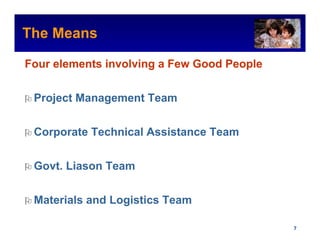 The Means                                       Intel Confidential



Four elements involving a Few Good People


 Project Management Team


 Corporate Technical Assistance Team


 Govt. Liason Team


 Materials and Logistics Team

                                       Intel Confidential     7
 