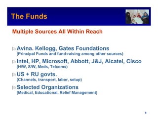 The Funds                                                     Intel Confidential



Multiple Sources All Within Reach


 Avina. Kellogg, Gates Foundations
 (Principal Funds and fund-raising among other sources)

 Intel, HP, Microsoft, Abbott, J&J, Alcatel, Cisco
 (H/W, S/W, Meds, Telcoms)

 US + RU govts.
 (Channels, transport, labor, setup)

 Selected Organizations
 (Medical, Educational, Relief Management)



                                                     Intel Confidential     8
 