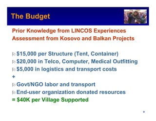 The Budget                                          Intel Confidential



Prior Knowledge from LINCOS Experiences
Assessment from Kosovo and Balkan Projects

    $15,000 per Structure (Tent, Container)
    $20,000 in Telco, Computer, Medical Outfitting
    $5,000 in logistics and transport costs
+
  Govt/NGO labor and transport
  End-user organization donated resources
= $40K per Village Supported

                                           Intel Confidential     9
 