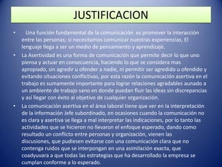 JUSTIFICACION
• Una función fundamental de la comunicación es promover la interacción
entre las personas; si necesitamos comunicar nuestras experiencias, El
lenguaje llega a ser un medio de pensamiento y aprendizaje.
• La Asertividad es una forma de comunicación que permite decir lo que uno
piensa y actuar en consecuencia, haciendo lo que se considera mas
apropiado, sin agredir u ofender a nadie, ni permitir ser agredido u ofendido y
evitando situaciones conflictivas, por esta razón la comunicación asertiva en el
trabajo es sumamente importante para lograr relaciones agradables aunado a
un ambiente de trabajo sano en donde puedan fluir las ideas sin discrepancias
y así llegar con éxito al objetivo de cualquier organización.
• La comunicación asertiva en el área laboral tiene que ver en la interpretación
de la información Jefe subordinado, en ocasiones cuando la comunicación no
es clara y asertiva se llega a mal interpretar las indicaciones, por lo tanto las
actividades que se hicieron no llevaron el enfoque esperado, dando como
resultado un conflicto entre personas y organización, vienen las
discusiones, que pudiesen evitarse con una comunicación clara que no
contenga ruidos que se interpongan en una asimilación exacta, que
coadyuvara a que todas las estrategias que ha desarrollado la empresa se
cumplan conforme a lo esperado.
 