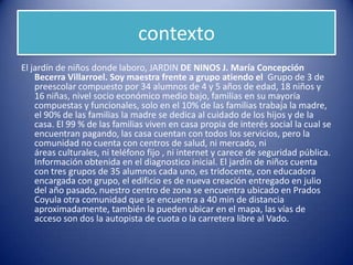 contexto
El jardín de niños donde laboro, JARDIN DE NINOS J. María Concepción
Becerra Villarroel. Soy maestra frente a grupo atiendo el Grupo de 3 de
preescolar compuesto por 34 alumnos de 4 y 5 años de edad, 18 niños y
16 niñas, nivel socio económico medio bajo, familias en su mayoría
compuestas y funcionales, solo en el 10% de las familias trabaja la madre,
el 90% de las familias la madre se dedica al cuidado de los hijos y de la
casa. El 99 % de las familias viven en casa propia de interés social la cual se
encuentran pagando, las casa cuentan con todos los servicios, pero la
comunidad no cuenta con centros de salud, ni mercado, ni
áreas culturales, ni teléfono fijo , ni internet y carece de seguridad pública.
Información obtenida en el diagnostico inicial. El jardín de niños cuenta
con tres grupos de 35 alumnos cada uno, es tridocente, con educadora
encargada con grupo, el edificio es de nueva creación entregado en julio
del año pasado, nuestro centro de zona se encuentra ubicado en Prados
Coyula otra comunidad que se encuentra a 40 min de distancia
aproximadamente, también la pueden ubicar en el mapa, las vías de
acceso son dos la autopista de cuota o la carretera libre al Vado.
 