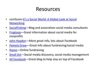Resources
• comScore It’s a Social World: A Global Look at Social
  Networking
• SocialFishing—Blog and association social media consultants
• Frogloop—Great information about social media for
  nonprofits
• John Haydon—More great info, lots about Facebook
• Pamela Grow—Great info about fundraising/social media
• Razoo—Online fundraising
• Small Act—Social media discovery, social media management
• All Facebook—Great blog to help stay on top of Facebook
 
