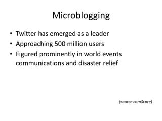 Microblogging
• Twitter has emerged as a leader
• Approaching 500 million users
• Figured prominently in world events
  communications and disaster relief




                                    (source comScore)
 
