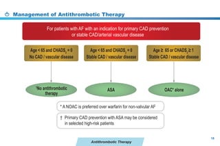 Antithrombotic Therapy
Management of Antithrombotic Therapy
18
For patients with AF with an indication for primary CAD prevention
or stable CAD/arterial vascular disease
Age < 65 and CHADS2
= 0
No CAD / vascular disease
Age < 65 and CHADS2
= 0
Stable CAD / vascular disease
Age ≥ 65 or CHADS2
≥ 1
Stable CAD / vascular disease
†
No antithrombotic
therapy
ASA OAC* alone
* A NOAC is preferred over warfarin for non-valvular AF
† Primary CAD prevention with ASA may be considered
in selected high-risk patients
 