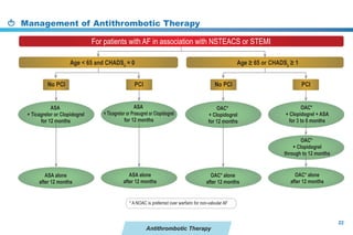 Antithrombotic Therapy
Management of Antithrombotic Therapy
22
For patients with AF in association with NSTEACS or STEMI
A e and C A S
o PC PC o PC PC
A e or C A S
ASA
i a relor or Clo ido rel
or months
ASA
i a relor or Prasu rel or Clo ido rel
or months
AC
Clo ido rel
or months
AC
Clo ido rel ASA
or to months
ASA alone
a ter months
ASA alone
a ter months
AC alone
a ter months
AC alone
a ter months
AC
Clo ido rel
throu h to months
* A NOAC is preferred over warfarin for non-valvular AF
 