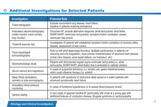 Additional Investigations for Selected Patients
2
Etiology and Clinical Investigation
Investigation of patients with established symptom-rhythm correlation of coronary artery
disease, assessment of rate control
Electrophysiologic study
 