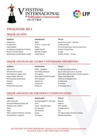 Les Finalistes 2011 du Ve festival international de publicité du football