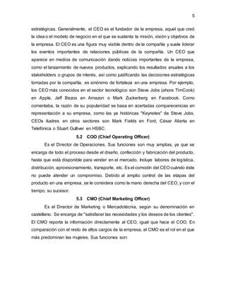 5
estratégicas. Generalmente, el CEO es el fundador de la empresa, aquel que creó
la idea o el modelo de negocio en el que se sustenta la misión, visión y objetivos de
la empresa. El CEO es una figura muy visible dentro de la compañía y suele liderar
los eventos importantes de relaciones públicas de la compañía. Un CEO que
aparece en medios de comunicación dando noticias importantes de la empresa,
como el lanzamiento de nuevos productos, explicando los resultados anuales a los
stakeholders o grupos de interés, así como justificando las decisiones estratégicas
tomadas por la compañía, es sinónimo de fortaleza en una empresa. Por ejemplo,
los CEO más conocidos en el sector tecnológico son Steve Jobs (ahora TimCook)
en Apple, Jeff Bezos en Amazon o Mark Zuckerberg en Facebook. Como
comentaba, la razón de su popularidad se basa en acertadas comparecencias en
representación a su empresa, como las ya históricas "Keynotes" de Steve Jobs.
CEOs ilustres en otros sectores son Mark Fields en Ford, César Alierta en
Telefónica o Stuart Gulliver en HSBC.
5.2 COO (Chief Operating Officer)
Es el Director de Operaciones. Sus funciones son muy amplias, ya que se
encarga de todo el proceso desde el diseño, confección y fabricación del producto,
hasta que está disponible para vender en el mercado. Incluye labores de logística,
distribución, aprovisionamiento, transporte, etc. Es el comodín del CEO cuándo éste
no puede atender un compromiso. Debido al amplio control de las etapas del
producto en una empresa, se le considera como la mano derecha del CEO, y con el
tiempo, su sucesor.
5.3 CMO (Chief Marketing Officer)
Es el Director de Marketing o Mercadotécnia, según su denominación en
castellano. Se encarga de "satisfacer las necesidades y los deseos de los clientes".
El CMO reporta la información directamente al CEO, igual que hace el COO. En
comparación con el resto de altos cargos de la empresa, el CMO es el rol en el que
más predominan las mujeres. Sus funciones son:
 