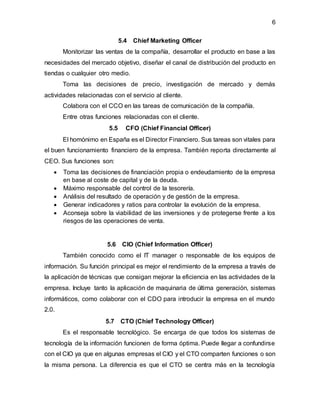 6
5.4 Chief Marketing Officer
Monitorizar las ventas de la compañía, desarrollar el producto en base a las
necesidades del mercado objetivo, diseñar el canal de distribución del producto en
tiendas o cualquier otro medio.
Toma las decisiones de precio, investigación de mercado y demás
actividades relacionadas con el servicio al cliente.
Colabora con el CCO en las tareas de comunicación de la compañía.
Entre otras funciones relacionadas con el cliente.
5.5 CFO (Chief Financial Officer)
El homónimo en España es el Director Financiero. Sus tareas son vitales para
el buen funcionamiento financiero de la empresa. También reporta directamente al
CEO. Sus funciones son:
 Toma las decisiones de financiación propia o endeudamiento de la empresa
en base al coste de capital y de la deuda.
 Máximo responsable del control de la tesorería.
 Análisis del resultado de operación y de gestión de la empresa.
 Generar indicadores y ratios para controlar la evolución de la empresa.
 Aconseja sobre la viabilidad de las inversiones y de protegerse frente a los
riesgos de las operaciones de venta.
5.6 CIO (Chief Information Officer)
También conocido como el IT manager o responsable de los equipos de
información. Su función principal es mejor el rendimiento de la empresa a través de
la aplicación de técnicas que consigan mejorar la eficiencia en las actividades de la
empresa. Incluye tanto la aplicación de maquinaria de última generación, sistemas
informáticos, como colaborar con el CDO para introducir la empresa en el mundo
2.0.
5.7 CTO (Chief Technology Officer)
Es el responsable tecnológico. Se encarga de que todos los sistemas de
tecnología de la información funcionen de forma óptima. Puede llegar a confundirse
con el CIO ya que en algunas empresas el CIO y el CTO comparten funciones o son
la misma persona. La diferencia es que el CTO se centra más en la tecnología
 