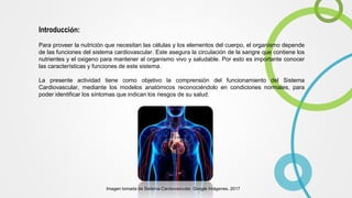 Introducción:
Para proveer la nutrición que necesitan las células y los elementos del cuerpo, el organismo depende
de las funciones del sistema cardiovascular. Este asegura la circulación de la sangre que contiene los
nutrientes y el oxigeno para mantener al organismo vivo y saludable. Por esto es importante conocer
las características y funciones de este sistema.
La presente actividad tiene como objetivo la comprensión del funcionamiento del Sistema
Cardiovascular, mediante los modelos anatómicos reconociéndolo en condiciones normales, para
poder identificar los síntomas que indican los riesgos de su salud.
Imagen tomada de Sistema Cardiovascular, Google Imágenes, 2017
 