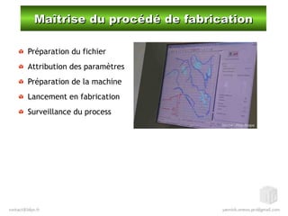 Maîtrise du procédé de fabricationMaîtrise du procédé de fabrication
Préparation du fichier
Attribution des paramètres
Préparation de la machine
Lancement en fabrication
Surveillance du process
Source : Poly-Shape
 