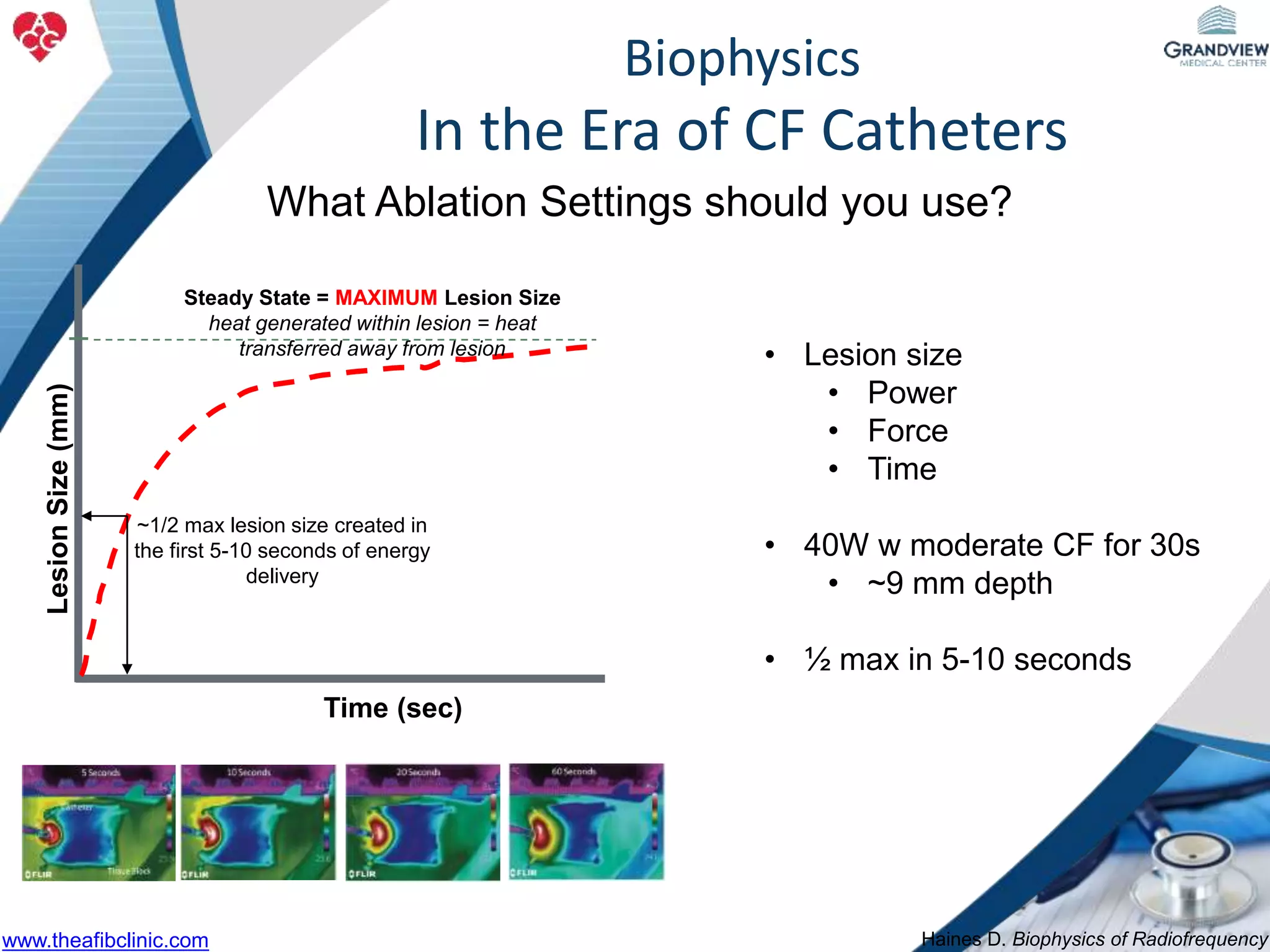 Biophysics
In the Era of CF Catheters
LesionSize(mm)
Time (sec)
Steady State = MAXIMUM Lesion Size
heat generated within lesion = heat
transferred away from lesion
~1/2 max lesion size created in
the first 5-10 seconds of energy
delivery
What Ablation Settings should you use?
Haines D. Biophysics of Radiofrequency
• Lesion size
• Power
• Force
• Time
• 40W w moderate CF for 30s
• ~9 mm depth
• ½ max in 5-10 seconds
www.theafibclinic.com
 