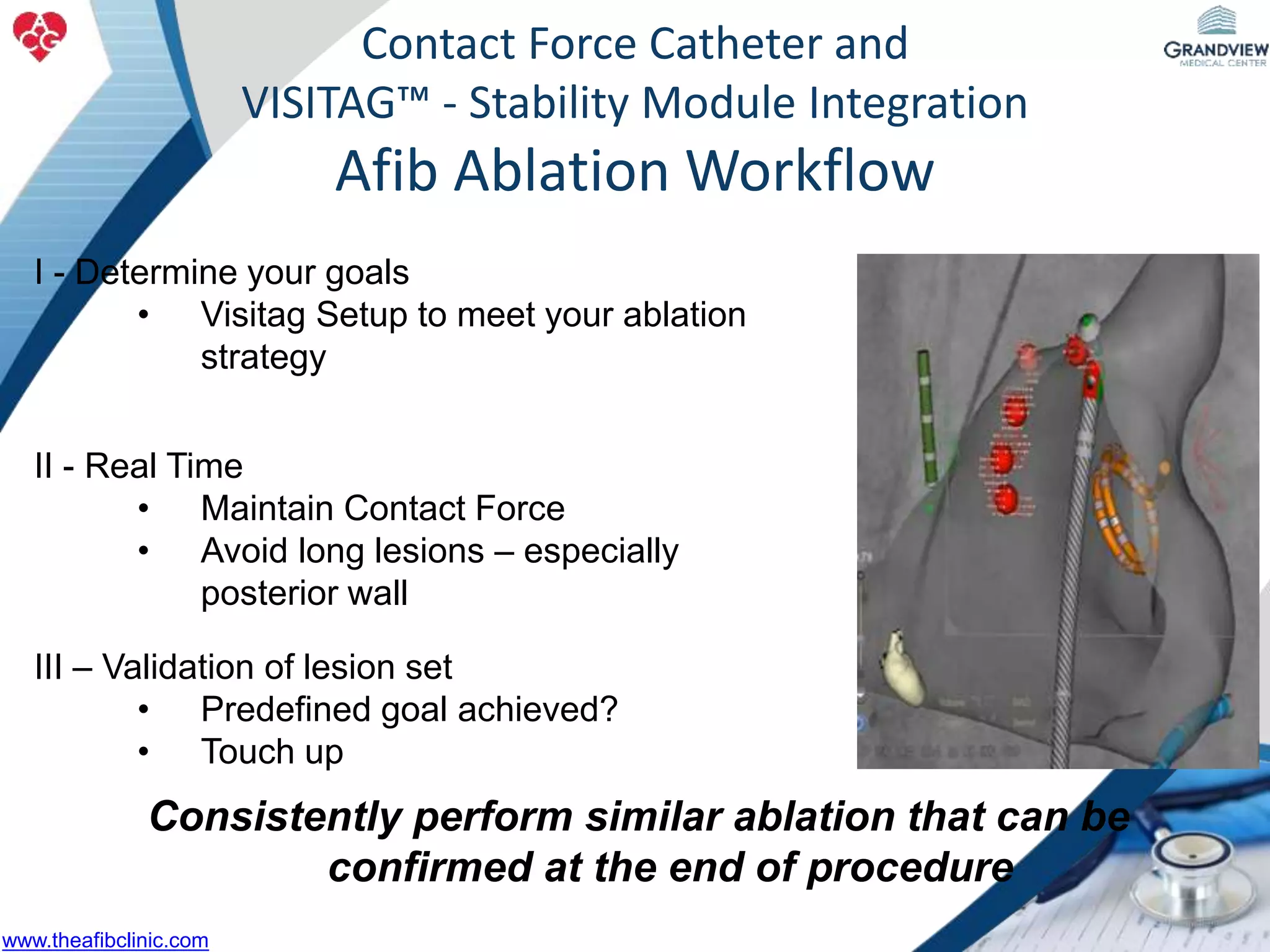 I - Determine your goals
• Visitag Setup to meet your ablation
strategy
Contact Force Catheter and
VISITAG™ - Stability Module Integration
Afib Ablation Workflow
Consistently perform similar ablation that can be
confirmed at the end of procedure
II - Real Time
• Maintain Contact Force
• Avoid long lesions – especially
posterior wall
III – Validation of lesion set
• Predefined goal achieved?
• Touch up
www.theafibclinic.com
 