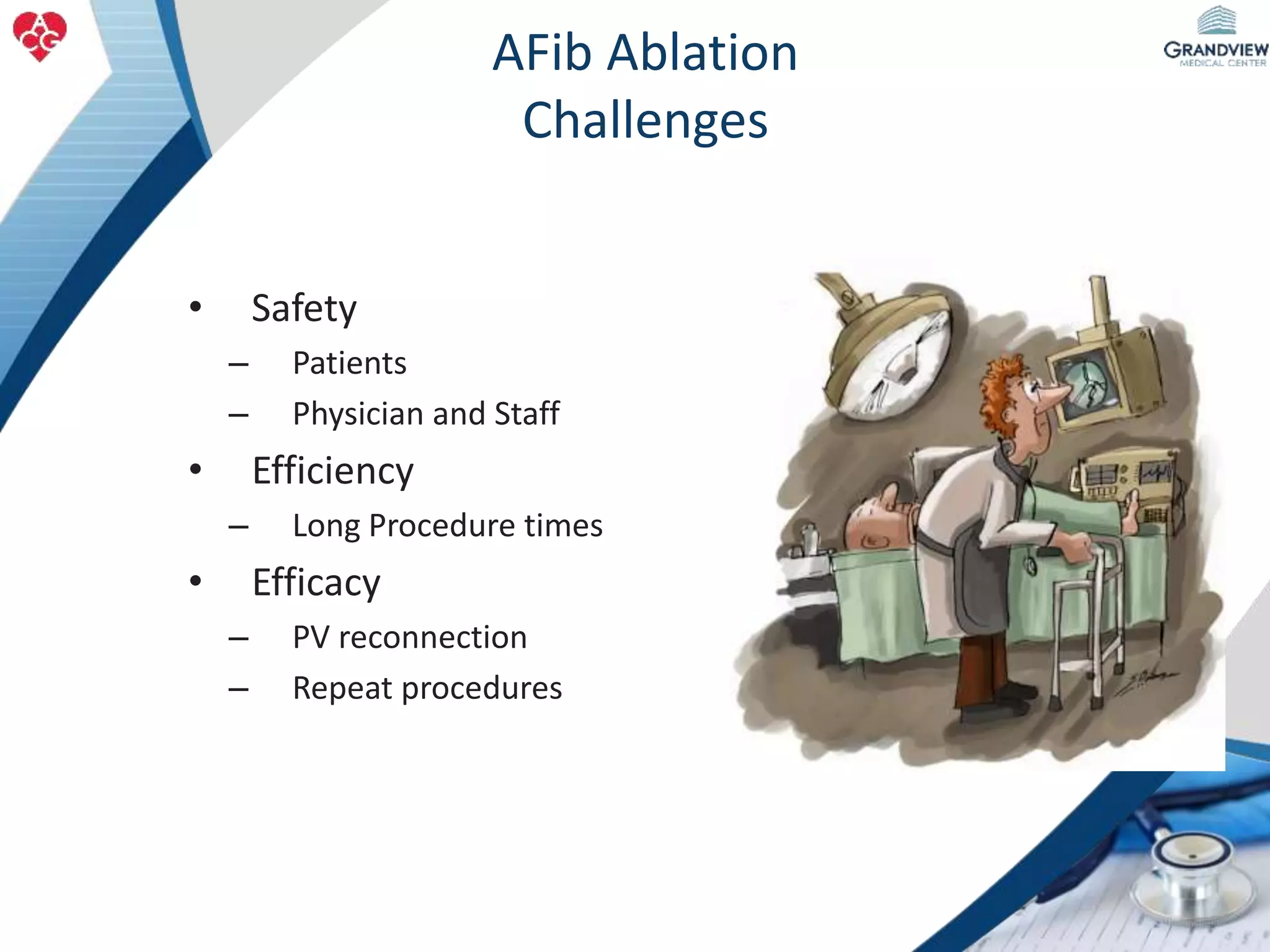 • Safety
– Patients
– Physician and Staff
• Efficiency
– Long Procedure times
• Efficacy
– PV reconnection
– Repeat procedures
AFib Ablation
Challenges
 