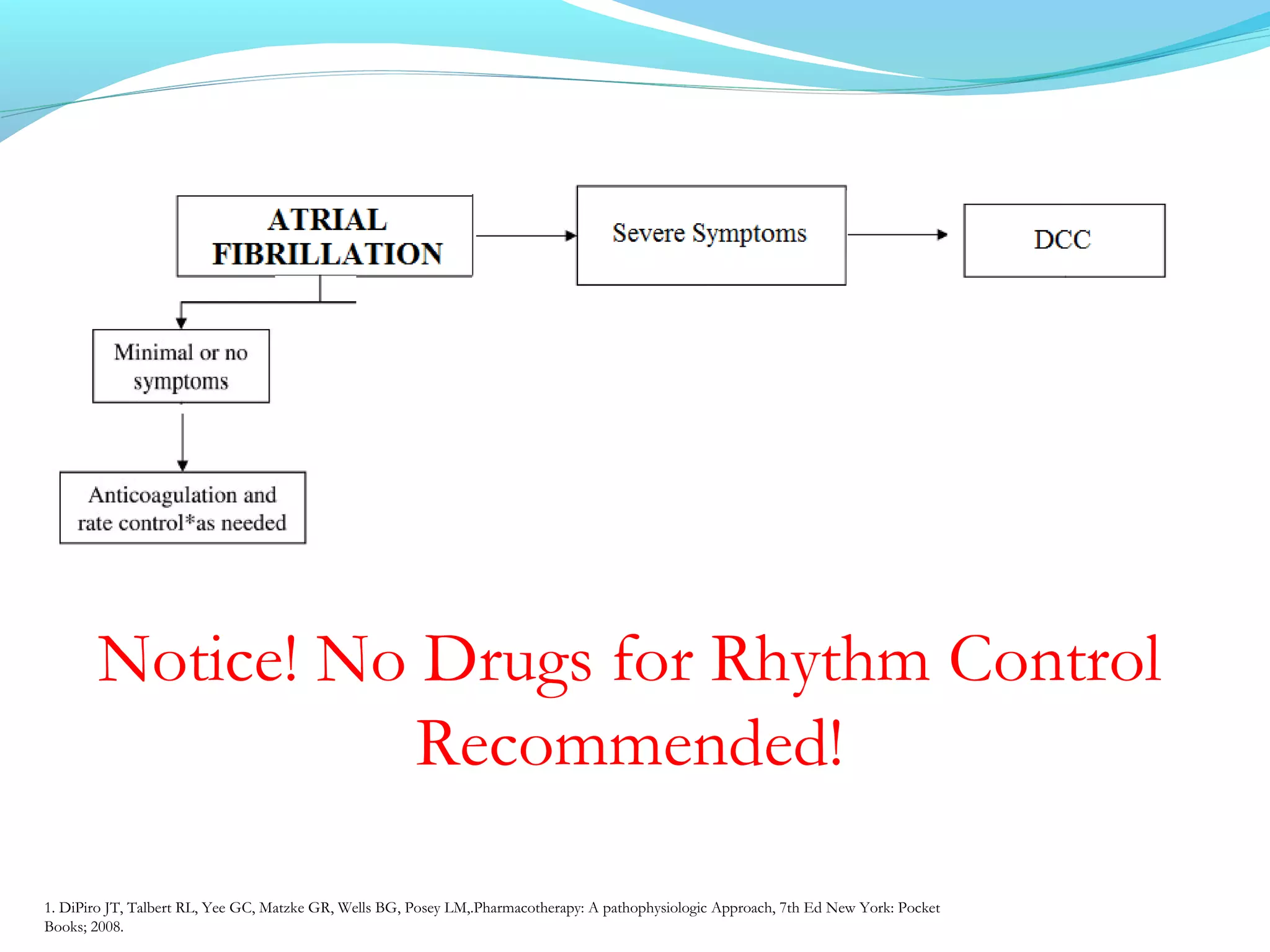 Notice! No Drugs for Rhythm Control
Recommended!
1. DiPiro JT, Talbert RL, Yee GC, Matzke GR, Wells BG, Posey LM,.Pharmacotherapy: A pathophysiologic Approach, 7th Ed New York: Pocket
Books; 2008.
 