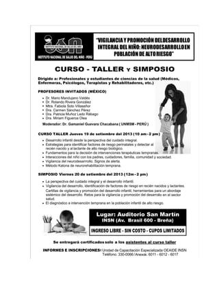 Afiche Curso taller y Simposio Vigilancia de Neurodesarrollo en Población de alto riesgo INSN setiembre  2013  