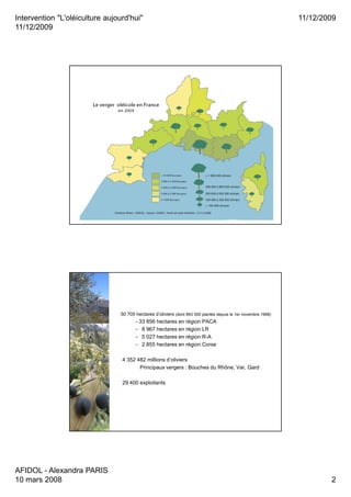 Intervention "L'oléiculture aujourd'hui"
11/12/2009
11/12/2009
AFIDOL - Alexandra PARIS
10 mars 2008 2
50 705 hectares d’oliviers (dont 893 000 plantés depuis le 1er novembre 1998)
- 33 856 hectares en région PACA
- 8 967 hectares en région LR
- 5 027 hectares en région R-A
- 2 855 hectares en région Corse
4 352 482 millions d’oliviers
Principaux vergers : Bouches du Rhône, Var, Gard
29 400 exploitants
 