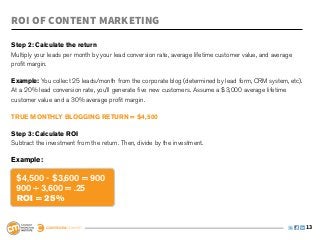 ROI of Content Marketing

Step 2: Calculate the return
Multiply your leads per month by your lead conversion rate, average lifetime customer value, and average
profit margin.

Example: You collect 25 leads/month from the corporate blog (determined by lead form, CRM system, etc).
At a 20% lead conversion rate, you’ll generate five new customers. Assume a $3,000 average lifetime
customer value and a 30% average profit margin.

TRUE MONTHLY BLOGGING RETURN = $4,500

Step 3: Calculate ROI
Subtract the investment from the return. Then, divide by the investment.

Example:

 $4,500 - $3,600 = 900
 900 ÷ 3,600 = .25
  ROI = 25%


                                                                                                           13
 