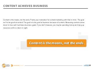Content Achieves Business



Content is the means, not the ends. Frame your motivation for content marketing with that in mind. The goal
isn’t to be good at content. The goal is to be good at business because of content. Measuring content comes
down to how well it achieves business goals. If you don’t measure, you may be spending money and tying up
resources with no return in sight.




                                 Content is the means, not the ends.




                                                                                                              15
 