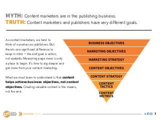 MYTH: Content marketers are in the publishing business.
TRUTH: Content marketers and publishers have very different goals.

As content marketers, we tend to
think of ourselves as publishers. But
there’s one significant difference to
keep in mind — the end goal is action,
not eyeballs. Measuring page views is only
a place to begin. It’s time to dig deeper and
get more from your content marketing.

What we must learn to understand is that content
helps achieve business objectives, not content
objectives. Creating valuable content is the means,
not the end.




                                                                     3
 