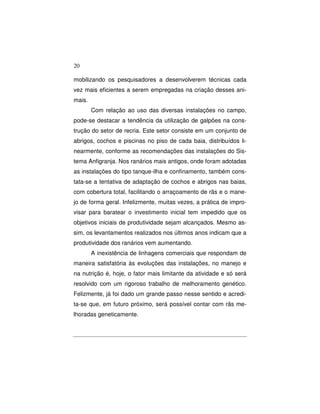 20 
mobilizando os pesquisadores a desenvolverem técnicas cada 
vez mais eficientes a serem empregadas na criação desses ani-mais. 
Com relação ao uso das diversas instalações no campo, 
pode-se destacar a tendência da utilização de galpões na cons-trução 
do setor de recria. Este setor consiste em um conjunto de 
abrigos, cochos e piscinas no piso de cada baia, distribuídos li-nearmente, 
conforme as recomendações das instalações do Sis-tema 
Anfigranja. Nos ranários mais antigos, onde foram adotadas 
as instalações do tipo tanque-ilha e confinamento, também cons-tata- 
se a tentativa de adaptação de cochos e abrigos nas baias, 
com cobertura total, facilitando o arraçoamento de rãs e o mane-jo 
de forma geral. Infelizmente, muitas vezes, a prática de impro-visar 
para baratear o investimento inicial tem impedido que os 
objetivos iniciais de produtividade sejam alcançados. Mesmo as-sim, 
os levantamentos realizados nos últimos anos indicam que a 
produtividade dos ranários vem aumentando. 
A inexistência de linhagens comerciais que respondam de 
maneira satisfatória às evoluções das instalações, no manejo e 
na nutrição é, hoje, o fator mais limitante da atividade e só será 
resolvido com um rigoroso trabalho de melhoramento genético. 
Felizmente, já foi dado um grande passo nesse sentido e acredi-ta- 
se que, em futuro próximo, será possível contar com rãs me-lhoradas 
geneticamente. 
 