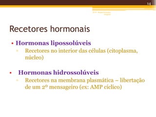 Recetores hormonais
• Hormonas lipossolúveis
▫ Recetores no interior das células (citoplasma,
núcleo)
• Hormonas hidrossolúveis
▫ Recetores na membrana plasmática – libertação
de um 2º mensageiro (ex: AMP cíclico)
14
AF II - Raquel González
Gregório
 
