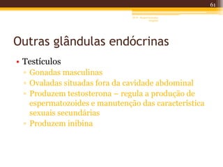 Outras glândulas endócrinas
• Testículos
▫ Gonadas masculinas
▫ Ovaladas situadas fora da cavidade abdominal
▫ Produzem testosterona – regula a produção de
espermatozoides e manutenção das característica
sexuais secundárias
▫ Produzem inibina
61
AF II - Raquel González
Gregório
 