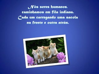 Nós seres humanos, caminhamos em fila indiana.Cada um carregando uma sacola na frente e outra atrás.