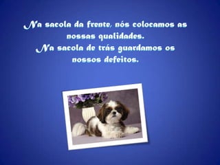 Na sacola da frente, nós colocamos as nossas qualidades.Na sacola de trás guardamos os nossos defeitos.