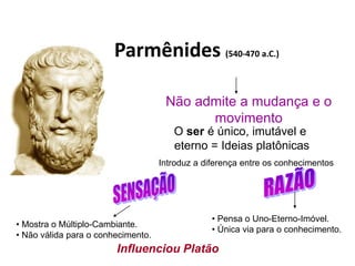 Parmênides (540-470 a.C.)
Não admite a mudança e o
movimento
O ser é único, imutável e
eterno = Ideias platônicas
Introduz a diferença entre os conhecimentos
Influenciou Platão
• Pensa o Uno-Eterno-Imóvel.
• Única via para o conhecimento.
• Mostra o Múltiplo-Cambiante.
• Não válida para o conhecimento.
FILOSOFIA – 1ª Série
A FILOSOFIA – OS FILÓSOFOS PRÉ-SOCRÁTICOS
 