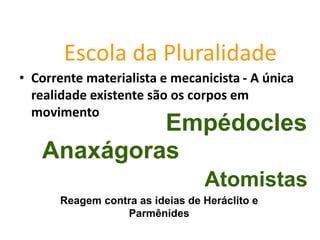 Escola da Pluralidade
• Corrente materialista e mecanicista - A única
realidade existente são os corpos em
movimento
Empédocles
Anaxágoras
Atomistas
Reagem contra as ideias de Heráclito e
Parmênides
FILOSOFIA – 1ª Série
A FILOSOFIA – OS FILÓSOFOS PRÉ-SOCRÁTICOS
 