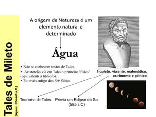 Água
• Não se conhecem textos de Tales.
• Aristóteles via em Tales o primeiro “físico”
(equivalente a filósofo).
• É o mais antigo dos Sete Sábios.
Inquieto, viajante, matemático,
astrônomo e político
Teorema de Tales Previu um Eclipse do Sol
(585 a.C)
Tales
de
Mileto
(Aprox.
624-546
a.C.)
A origem da Natureza é um
elemento natural e
determinado
FILOSOFIA -1ª Série
A FILOSOFIA – OS FILÓSOFOS PRÉ-SOCRÁTICOS
 