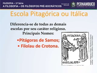 Escola Pitagórica ou Itálica
Diferencia-se de todas as demais
escolas por seu caráter religioso.
Principais Nomes:
•Pitágoras de Samos;
• Filolau de Crotona.
FILOSOFIA – 1ª Série
A FILOSOFIA – OS FILÓSOFOS PRÉ-SOCRÁTICOS
Imagem:
Pitágoras
e
Filolau
/
Recorte
de
Theorica
musicae
/
Franchino
Gaffurio
/
Dominío
Público.
 