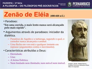 Zenão de Eléia (490-420 a.C.)
• Paradoxo:
“Em uma corrida, o mais lento nunca será alcançado
pelo mais rápido”.
• Argumentos através de paradoxos: iniciador da
dialética.
– Paradoxo de Aquiles e a tartaruga, segundo o qual, o
corredor nunca alcançaria o animal.
– Uma flecha em voo está a qualquer instante em
repouso (argumentos contra o movimento).
• Características atribuídas a Deus:
– Eternidade;
– Uno;
– A forma Esférica;
– Nem limitado nem ilimitado; nem móvel nem imóvel.
FILOSOFIA – 1ª Série
A FILOSOFIA – OS FILÓSOFOS PRÉ-SOCRÁTICOS
Imagem: Zenão / Rafael Sanzio /
Creative Commons Attribution-Share
Alike 3.0 Unported
 