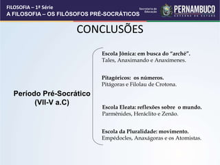 CONCLUSÕES
Período Pré-Socrático
(VII-V a.C)
Escola Jônica: em busca do “arché”.
Tales, Anaximando e Anaxímenes.
Pitagóricos: os números.
Pitágoras e Filolau de Crotona.
Escola Eleata: reflexões sobre o mundo.
Parmênides, Heráclito e Zenão.
Escola da Pluralidade: movimento.
Empédocles, Anaxágoras e os Atomistas.
FILOSOFIA – 1ª Série
A FILOSOFIA – OS FILÓSOFOS PRÉ-SOCRÁTICOS
 