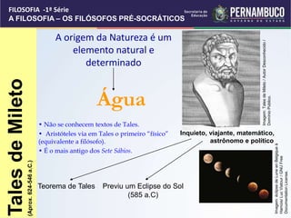 Água
• Não se conhecem textos de Tales.
• Aristóteles via em Tales o primeiro “físico”
(equivalente a filósofo).
• É o mais antigo dos Sete Sábios.
Inquieto, viajante, matemático,
astrônomo e político
Teorema de Tales Previu um Eclipse do Sol
(585 a.C)
Tales
de
Mileto
(Aprox.
624-546
a.C.)
A origem da Natureza é um
elemento natural e
determinado
FILOSOFIA -1ª Série
A FILOSOFIA – OS FILÓSOFOS PRÉ-SOCRÁTICOS
Imagem:
Tales
de
Mileto
/
Autor
Desconhecido
/
Domínio
Público.
Imagem:
éclipse
de
Lune
en
Belgique
à
Hamois/
Luc
Viatour
/
GNU
Free
Documentation
License.
 