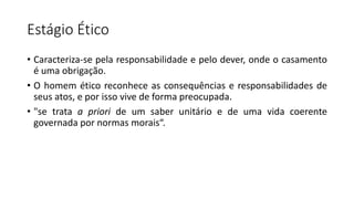 Estágio Ético
• Caracteriza-se pela responsabilidade e pelo dever, onde o casamento
é uma obrigação.
• O homem ético reconhece as consequências e responsabilidades de
seus atos, e por isso vive de forma preocupada.
• "se trata a priori de um saber unitário e de uma vida coerente
governada por normas morais“.
 