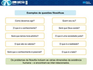 Como devemos agir?
Exemplos de questões filosóficas
O que é o conhecimento?
O que são os valores?
O que é uma sociedade justa?
Quem sou eu?
Será que temos livre-arbítrio?
O que é a realidade?
Será que Deus existe?
O que é o belo?
Será que o conhecimento é possível?
Os problemas da filosofia incluem as várias dimensões da existência
humana – e encontram-se inter-relacionados.
 
