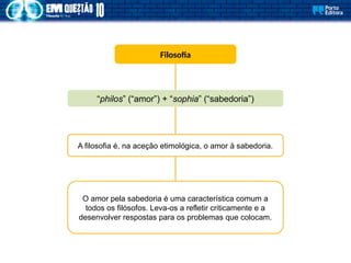 Filosofia
“philos” (“amor”) + “sophia” (“sabedoria”)
A filosofia é, na aceção etimológica, o amor à sabedoria.
O amor pela sabedoria é uma característica comum a
todos os filósofos. Leva-os a refletir criticamente e a
desenvolver respostas para os problemas que colocam.
 