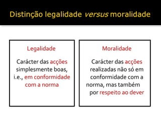 Legalidade

Moralidade

Carácter das acções
simplesmente boas,
i.e., em conformidade
com a norma

Carácter das acções
realizadas não só em
conformidade com a
norma, mas também
por respeito ao dever

 